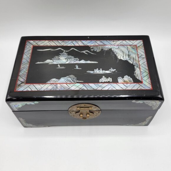 Other - Vintage Black Lacquer Inlay Mother Of Pearl Jewelry Box Red Interior *READ*